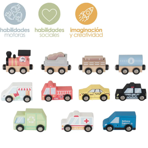 Set Autos de Juguete Tren Pista y Señaleticas Madera Bandú