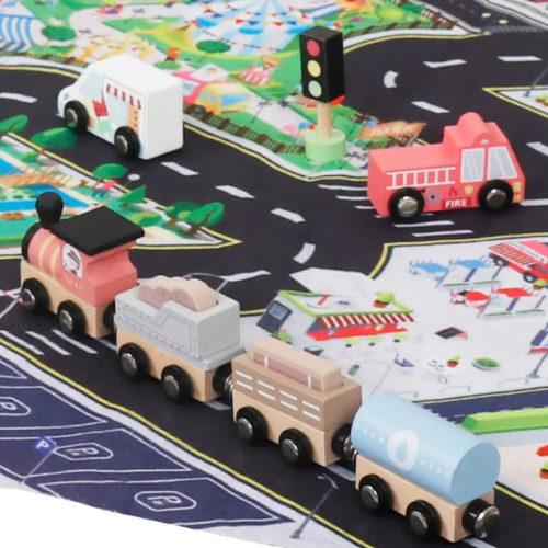 Set Autos de Juguete Tren Pista y Señaleticas Madera Bandú