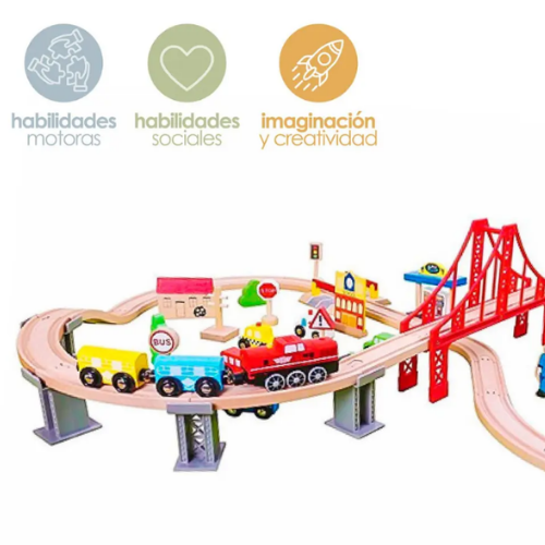 Pista de Autos y Tren de Madera Juego Didactico 70pcs Bandú