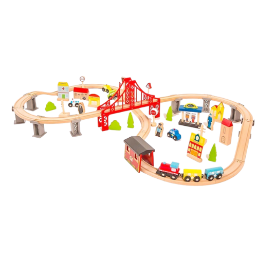 Pista de Autos y Tren de Madera Juego Didactico 70pcs Bandú