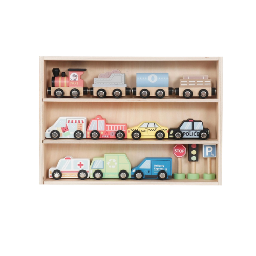 Set Autos de Juguete Tren Pista y Señaleticas Madera Bandú